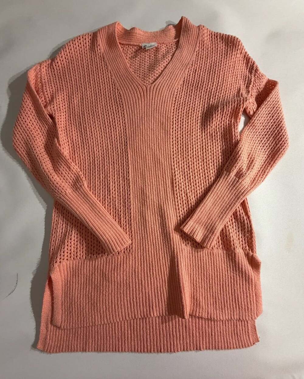 Stylus Pink V-Neck Open Knit Long Sleeve Sweater Petite Womens PXS